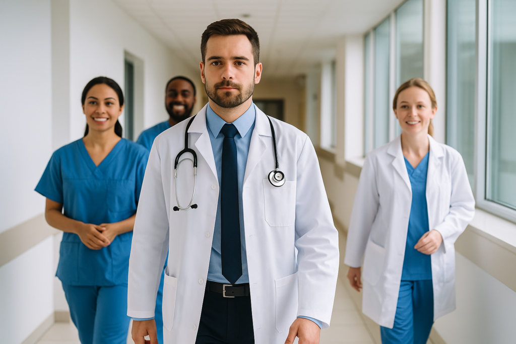 immagine di un professionista sanitario che cammina in ospedale insieme ai suoi colleghi
