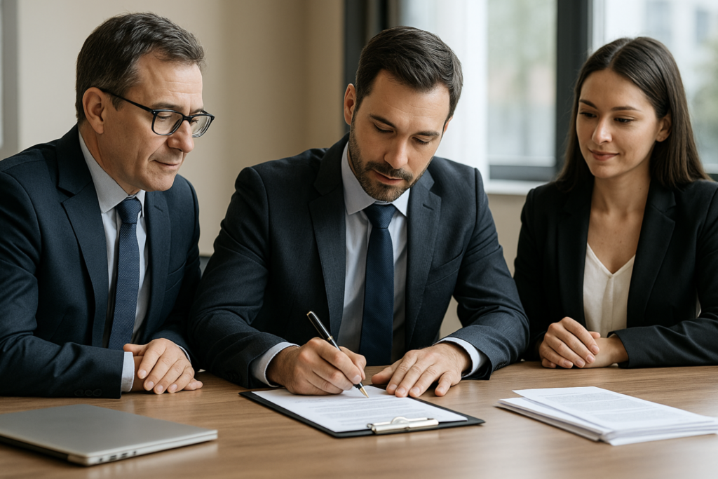 Tre professionisti in ufficio firmano documenti assicurativi attorno a un tavolo di lavoro