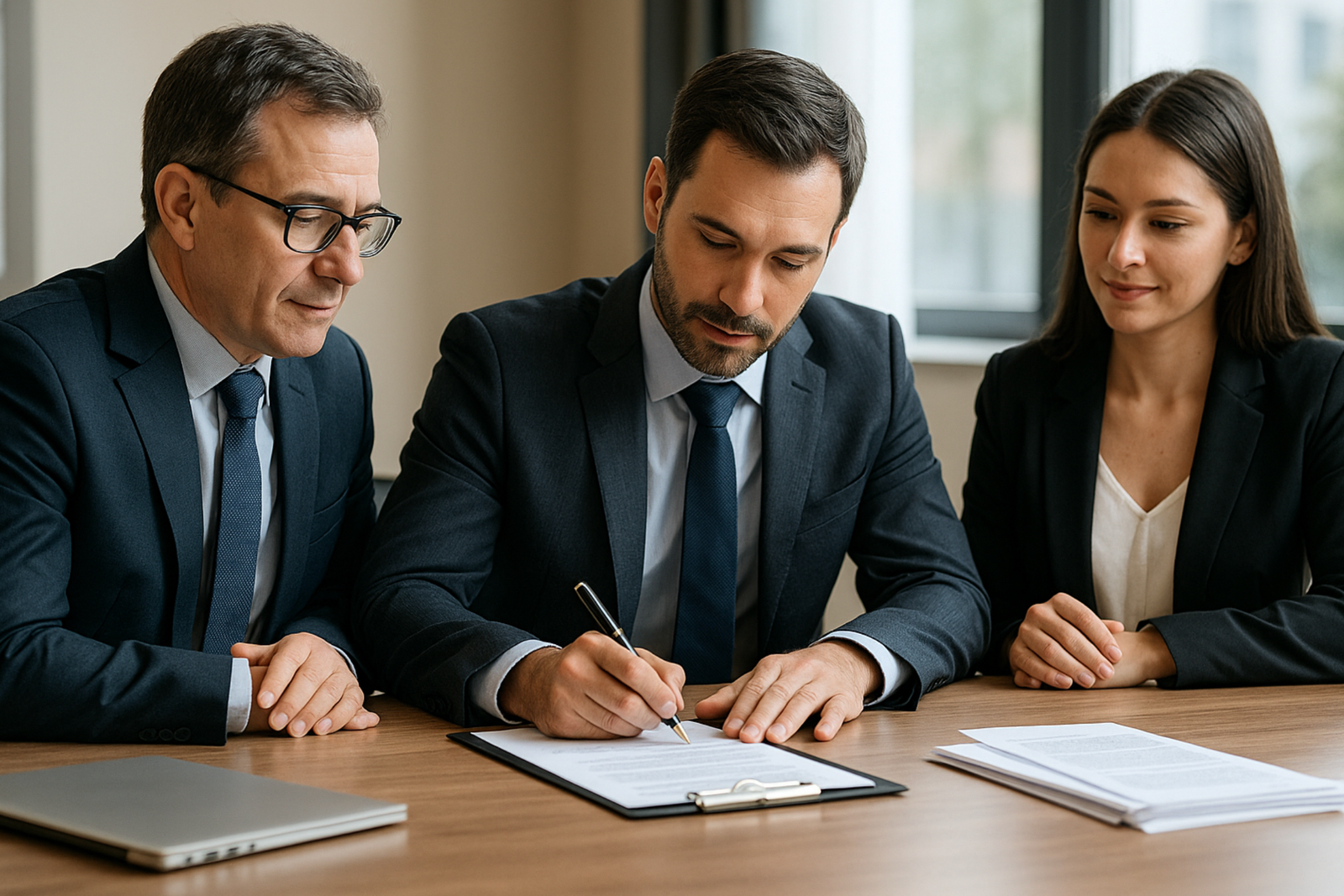 Tre professionisti in ufficio firmano documenti assicurativi attorno a un tavolo di lavoro